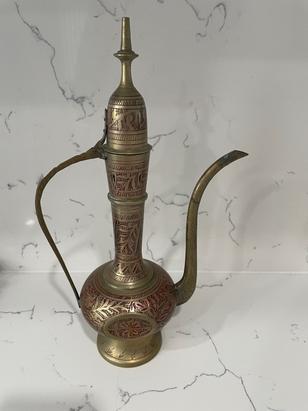 Signed Vintage Brass Decorative Ewer with Red Inlay